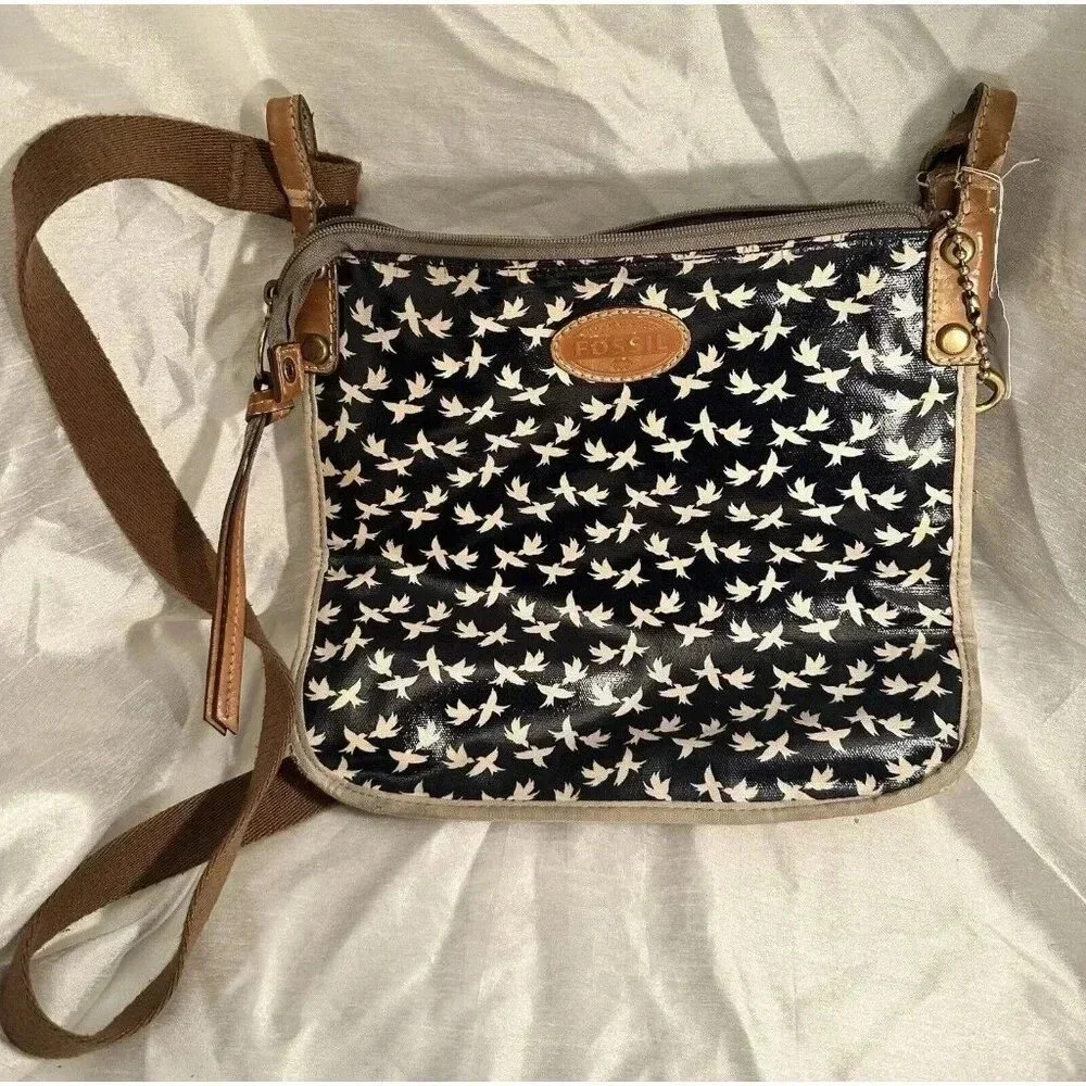 Fossil Black Crossbody Bag with White Bird Print and Brown Trim